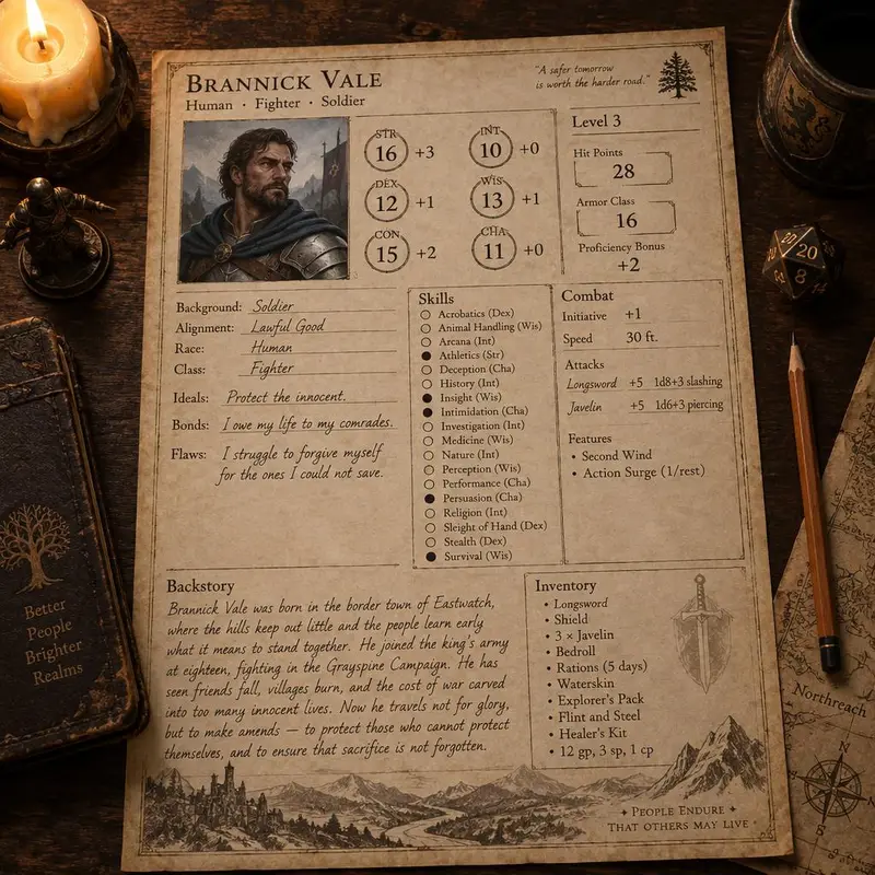 A printed AI character sheet with stats, backstory and a hero portrait on a table