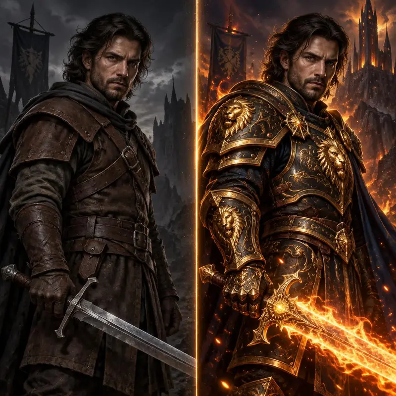 The same hero portrait before and after an AI edit upgrading the armor and weapon