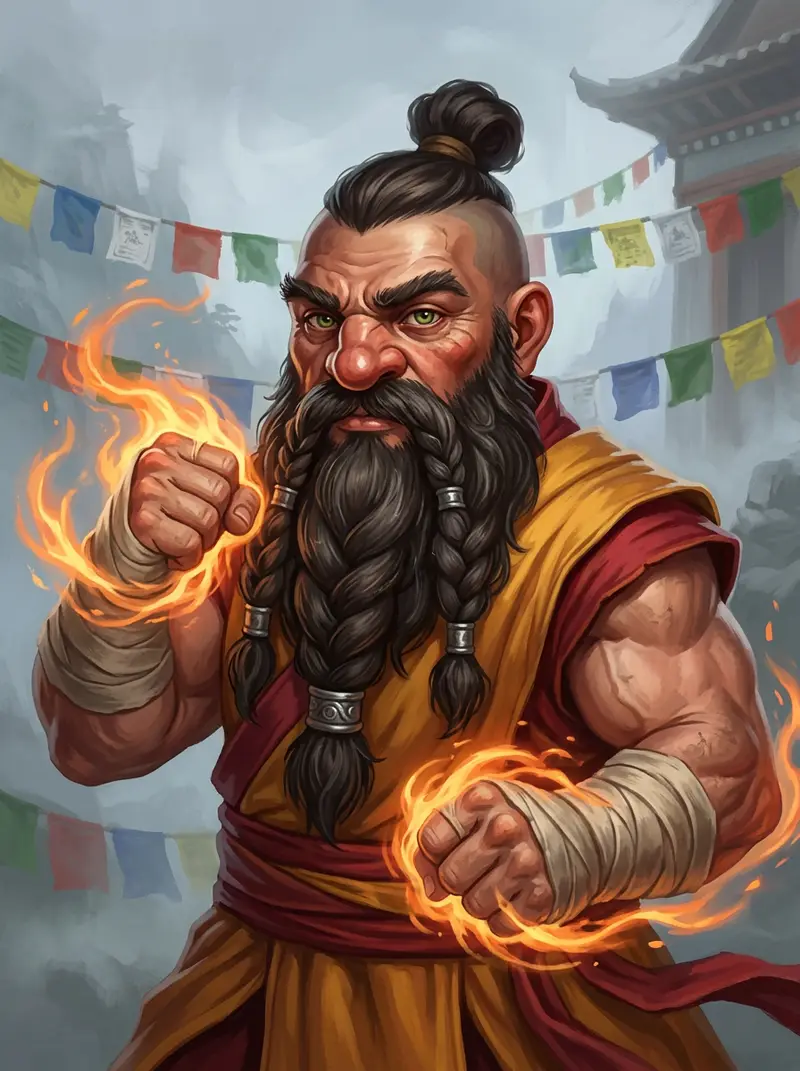 Dwarf monk with ki flames