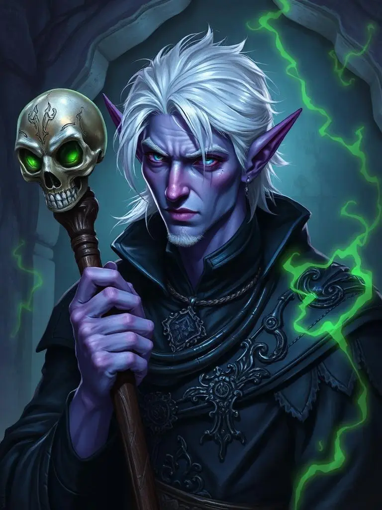 Dark elf necromancer with skull staff