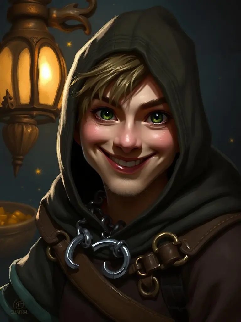 Halfling rogue in lantern light