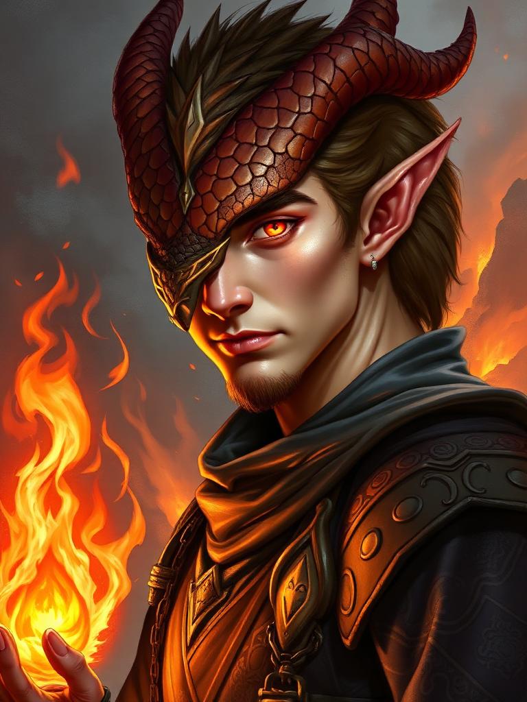 The same selfie rendered as a Dragonborn Sorcerer wielding fire